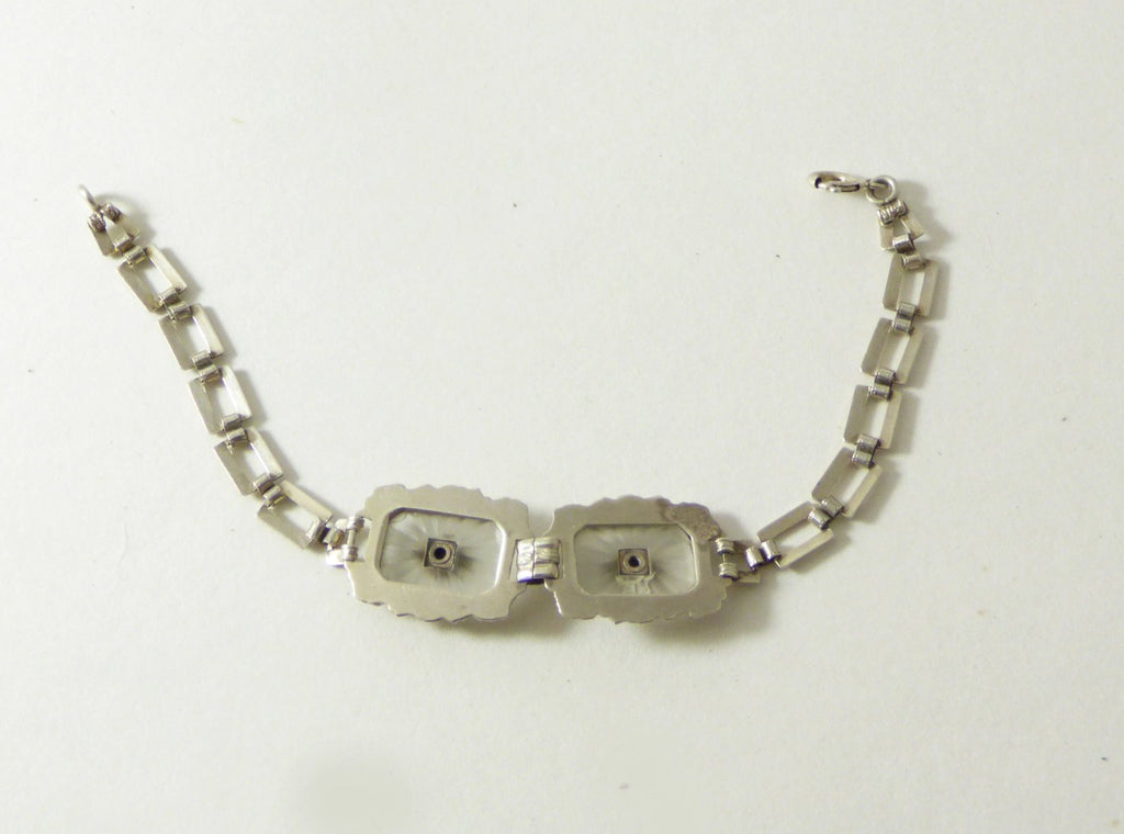 Vintage Art Deco Double Star-burst Camphor Glass Sterling Silver Bracelet - Vintage Lane Jewelry