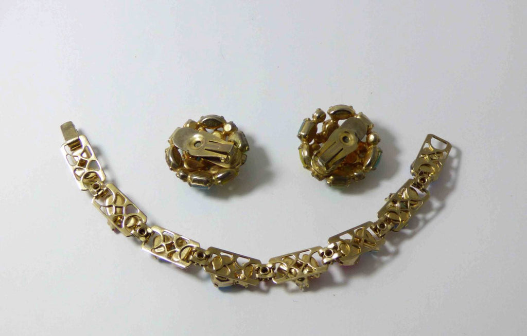 Vintage Pastel Multi-colored Jelly Bean Stones Demi Parure, bracelet and clip earrings - Vintage Lane Jewelry