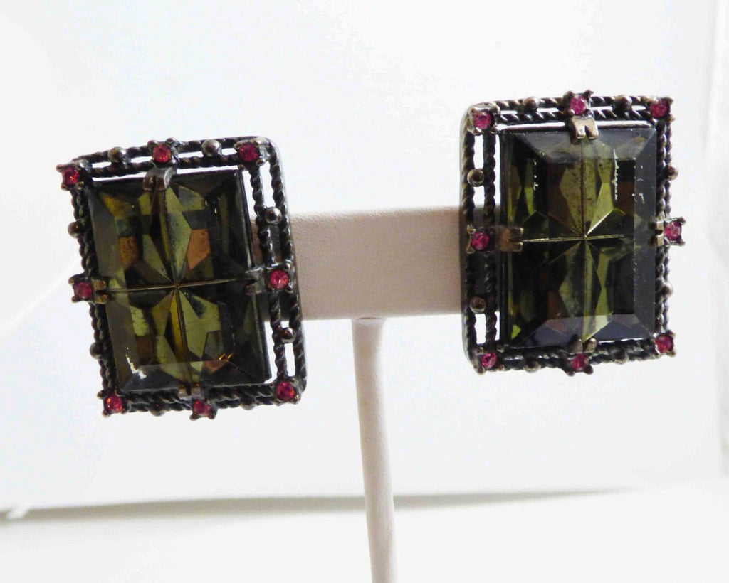 Sarah Coventry Midnight Magic Art Glass Panel Bracelet and Clip Earrings - Vintage Lane Jewelry