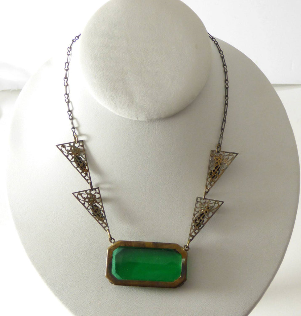 Vintage Art Deco Enameled Filigree and Large Emerald Green Glass Necklace - Vintage Lane Jewelry