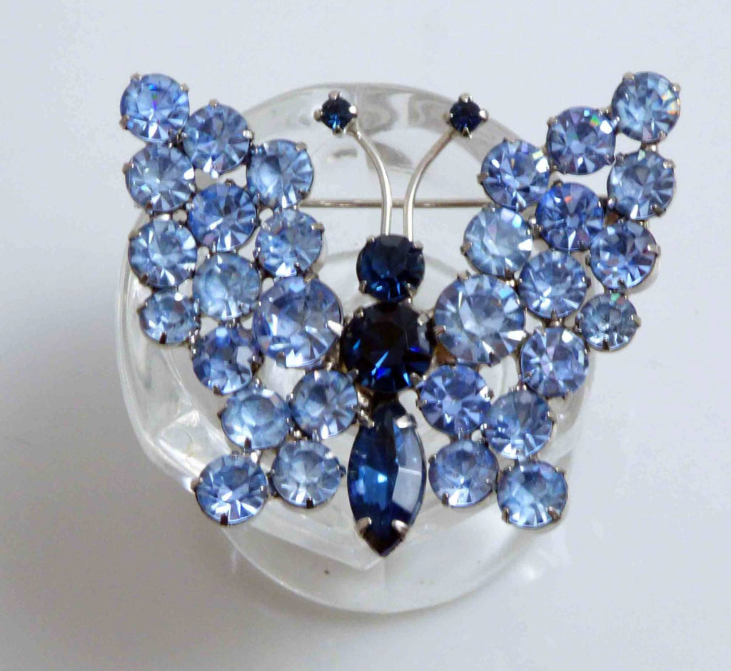 Butterfly Brooch Blue Rhinestones, figural pin, juliana style - Vintage Lane Jewelry