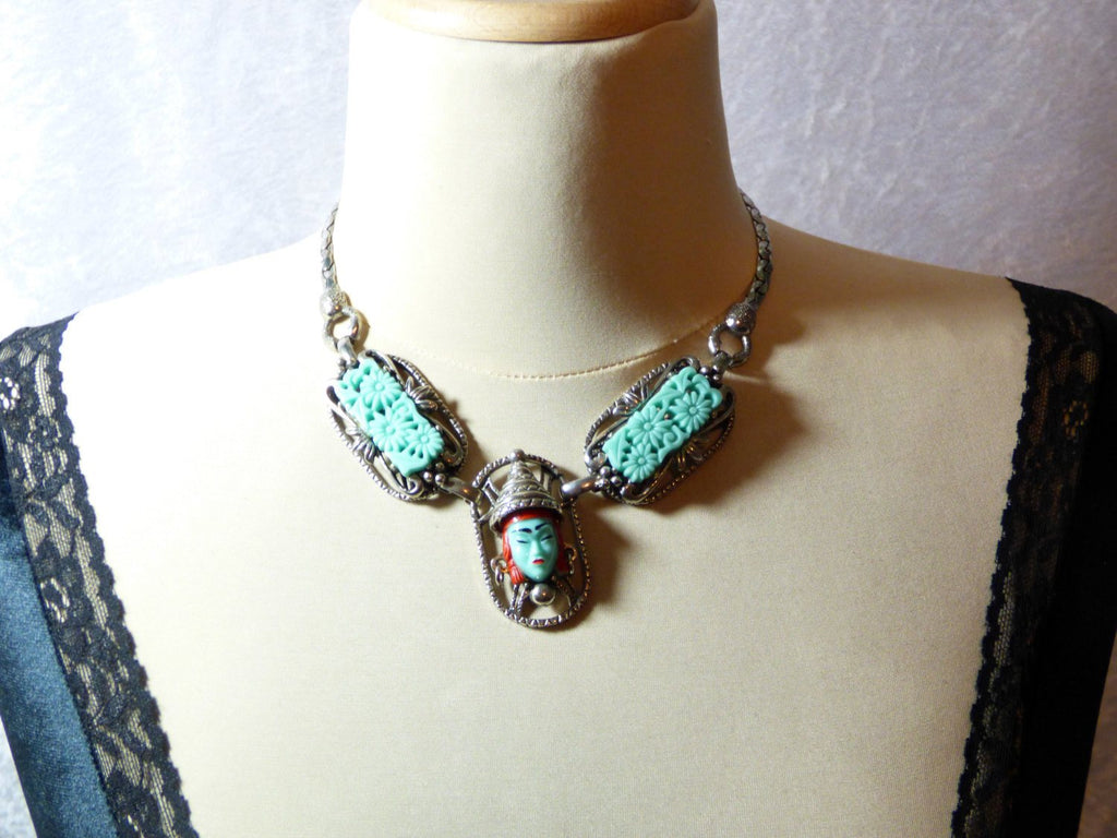 Vintage Selro Selini Asian Princess/Thai Girl Molded Green Glass Necklace - Vintage Lane Jewelry