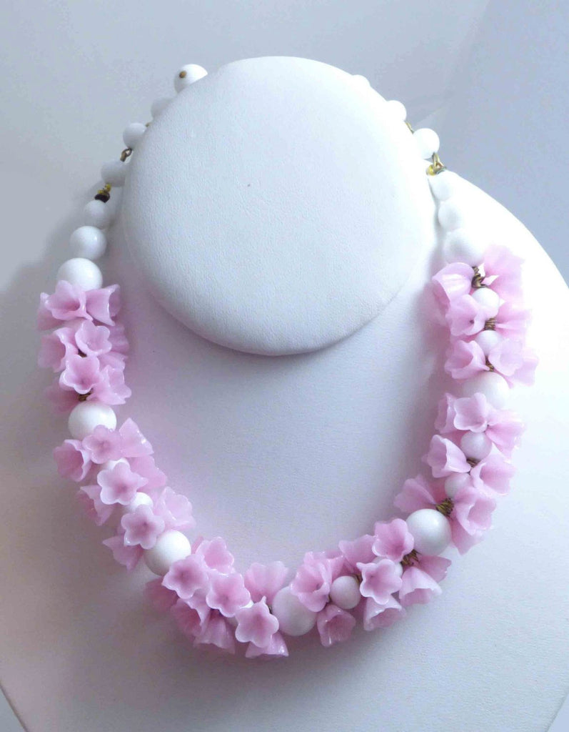Miriam Haskell Pink and White Poured Glass Flower Bead Necklace - Vintage Lane Jewelry