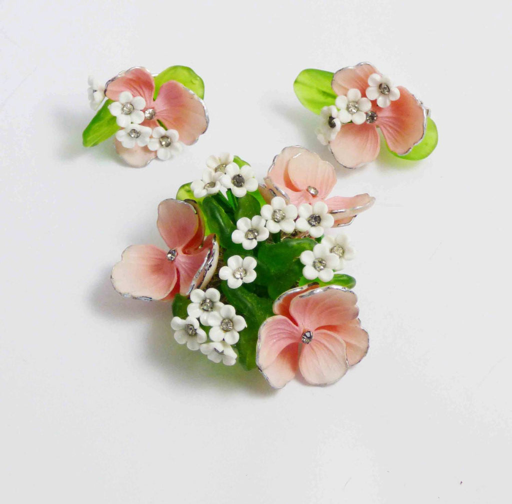 Vintage Vendome Soft Plastic Pink Flower and Glass Leaves Demi Parure - Vintage Lane Jewelry