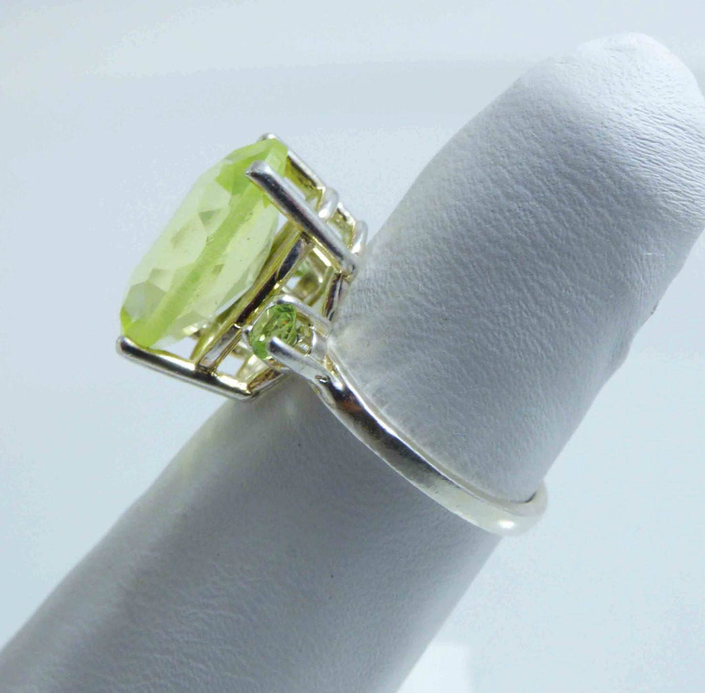 Vaseline Uranium Faceted Oval Cut Sterling Silver Ring with Peridot Accents, Size 5, Czech glass - Vintage Lane Jewelry