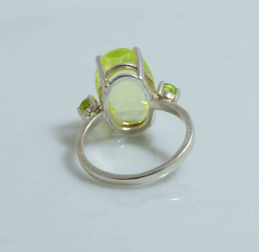 Vaseline Uranium Faceted Oval Cut Sterling Silver Ring with Peridot Accents, Size 5, Czech glass - Vintage Lane Jewelry