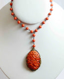 Czech Molded Orange Floral Glass Beaded Necklace, Coral color - Vintage Lane Jewelry