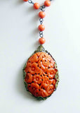 Czech Molded Orange Floral Glass Beaded Necklace, Coral color - Vintage Lane Jewelry