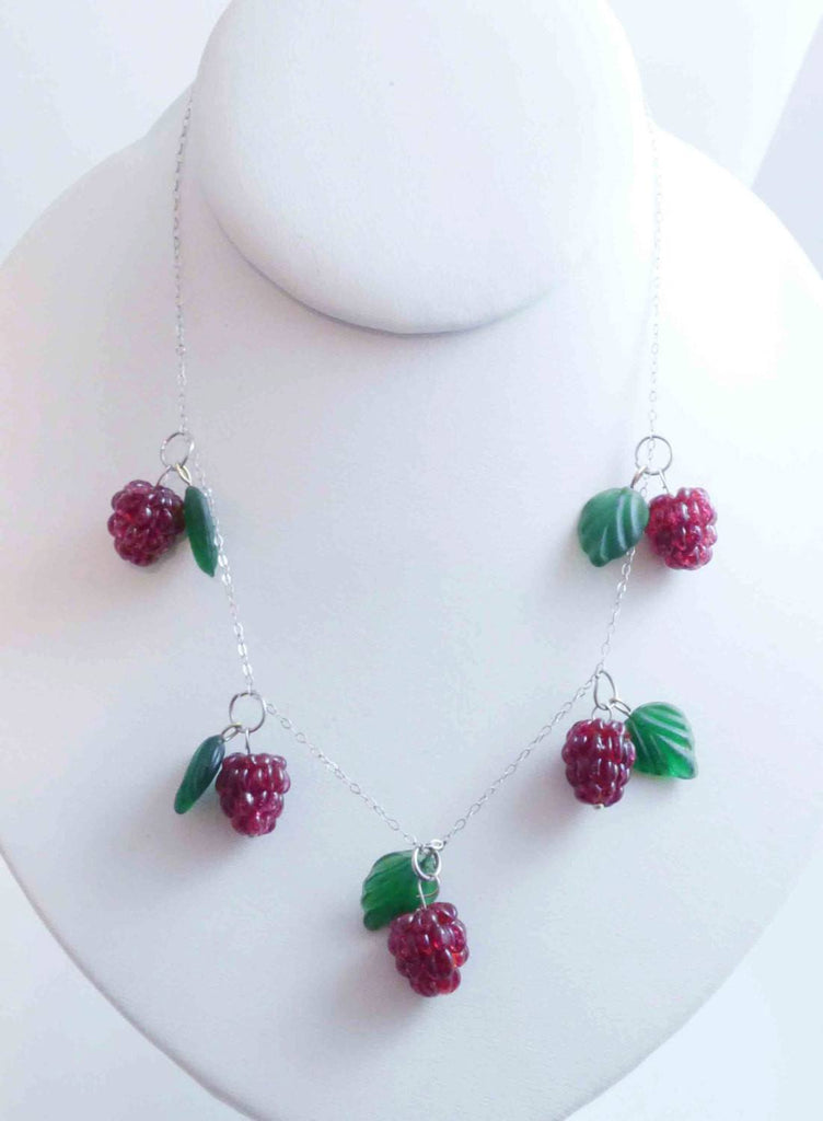Berries, Sterling Silver Glass Leaves and Raspberries Necklace, Czechoslovakia - Vintage Lane Jewelry