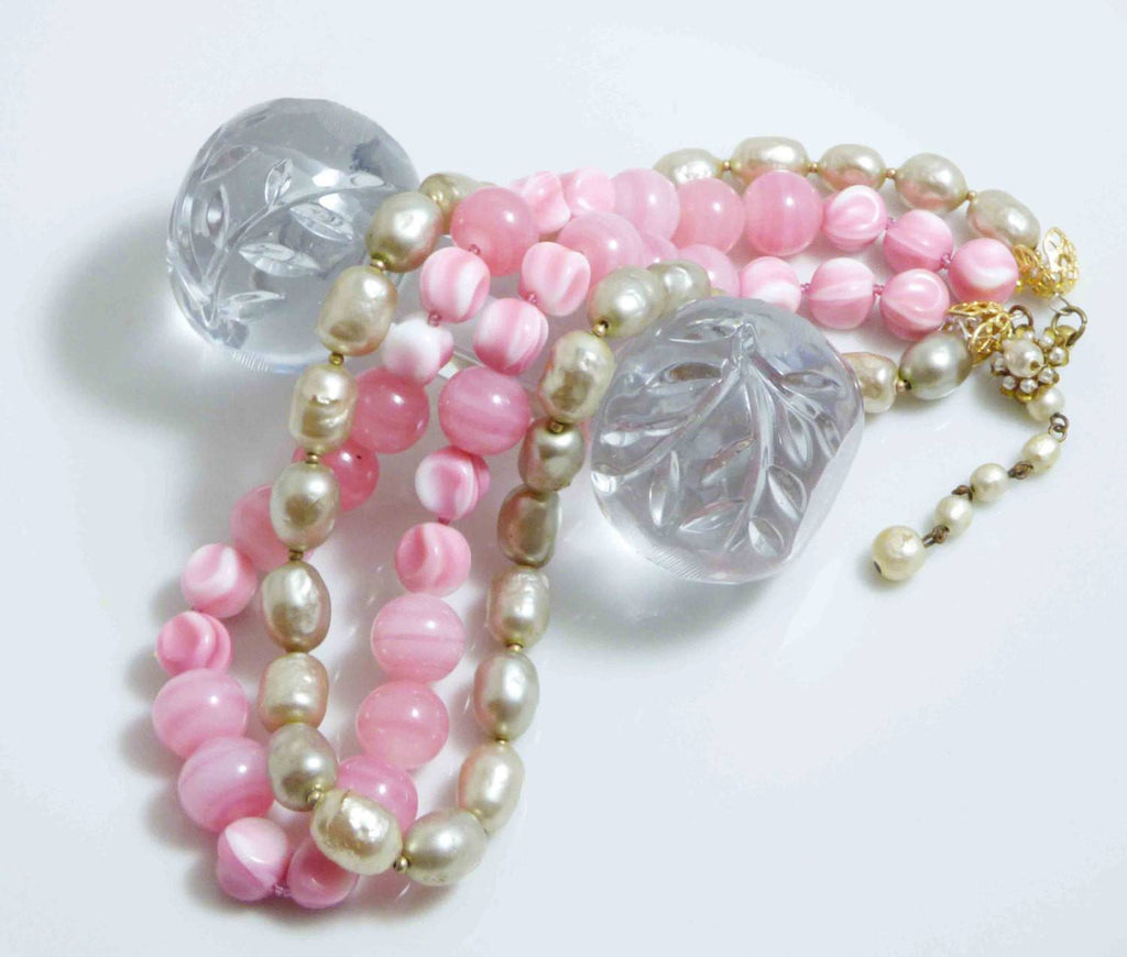 Miriam Haskell Pink Glass Beads and Baroque Glass Pearl 2 Strand Necklace - Vintage Lane Jewelry