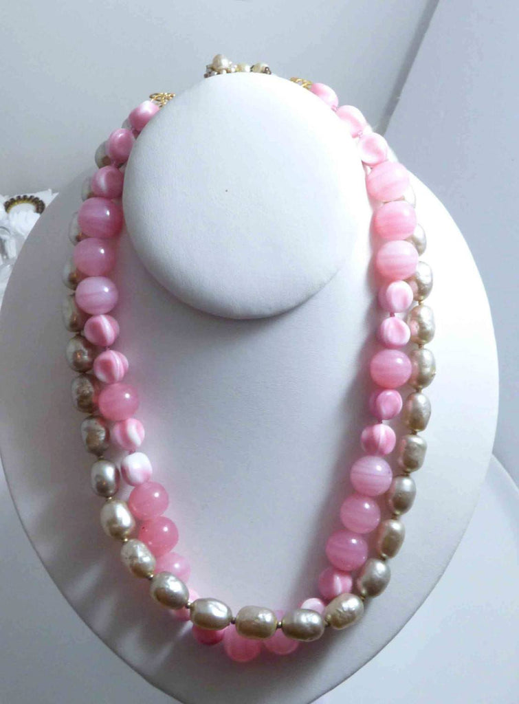 Miriam Haskell Pink Glass Beads and Baroque Glass Pearl 2 Strand Necklace - Vintage Lane Jewelry