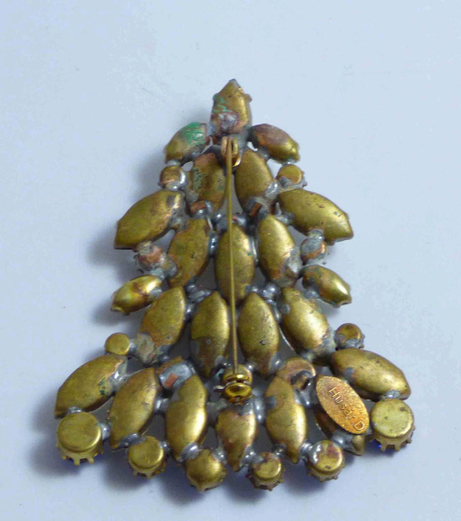Czech Glass Blue Rhinestone Clear Navettes Husar D. Christmas Tree Pin, X-mas pin, Holiday Brooch - Vintage Lane Jewelry