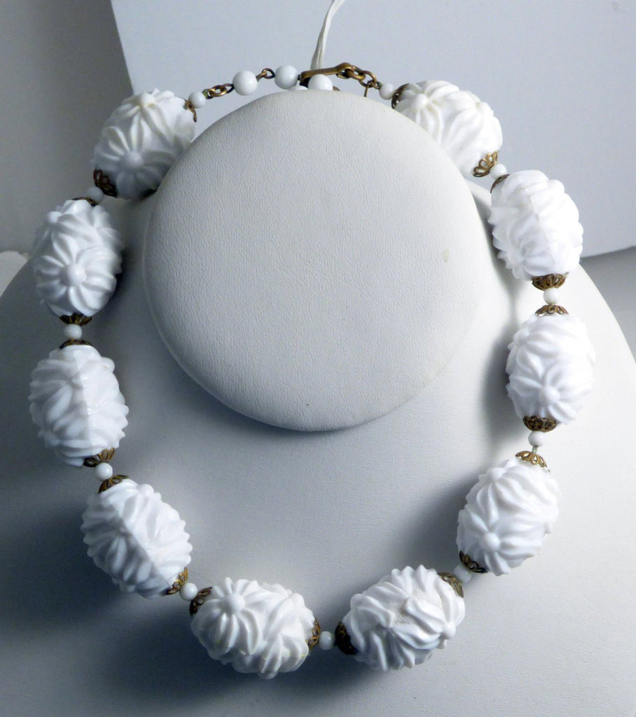 Miriam Haskell White Molded Ornate Floral Plastic Necklace and Clip Earrings - Vintage Lane Jewelry