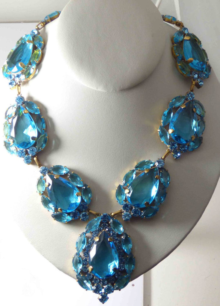 Huge Vivid Blue Czech Glass Statement Necklace and Clip earrings - Vintage Lane Jewelry