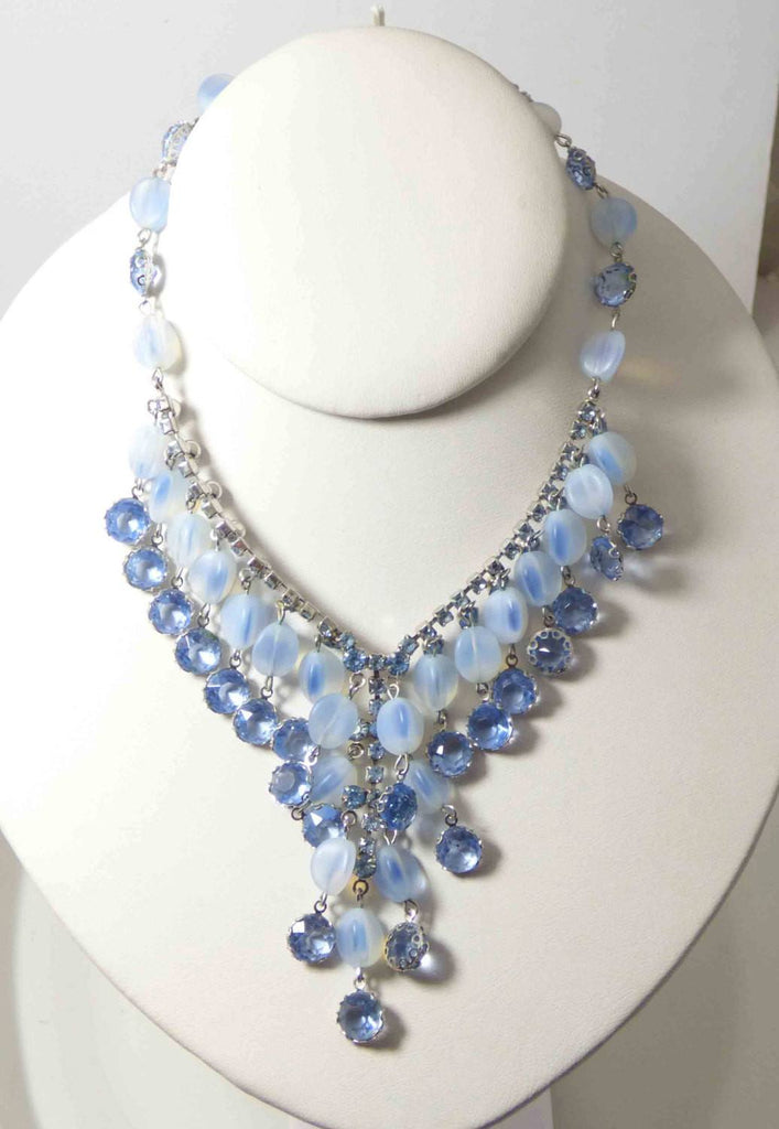 Vintage Alice Caviness Fringe Bib Blue Opalescent Art Glass Oval Rhinestone Necklace - Vintage Lane Jewelry