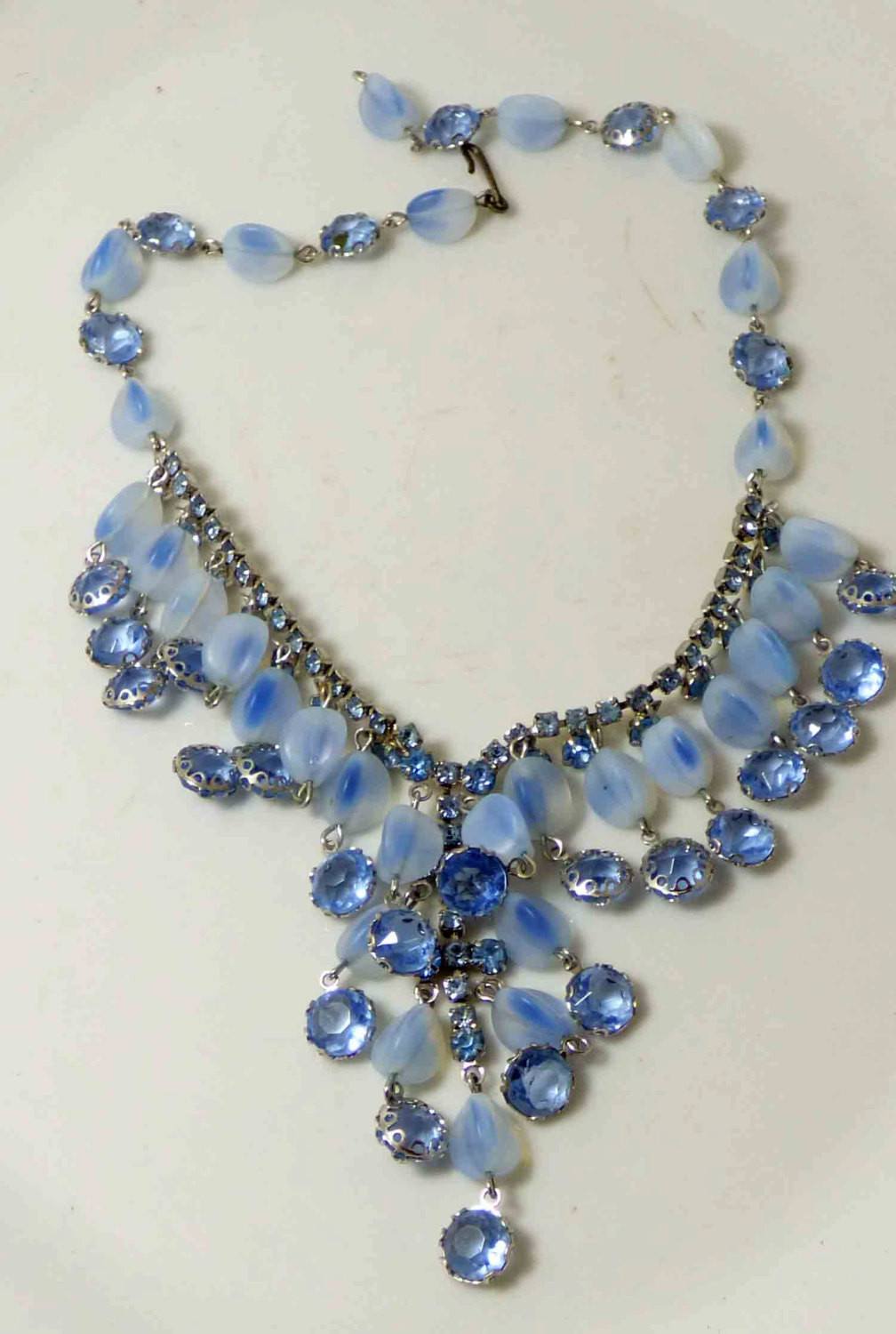 Vintage Alice Caviness Fringe Bib Blue Opalescent Art Glass Oval ...