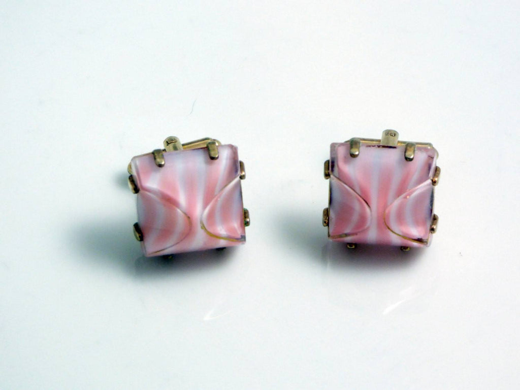 Vintage Hickok Pink and White Swirl Art Glass Cufflinks - Vintage Lane Jewelry