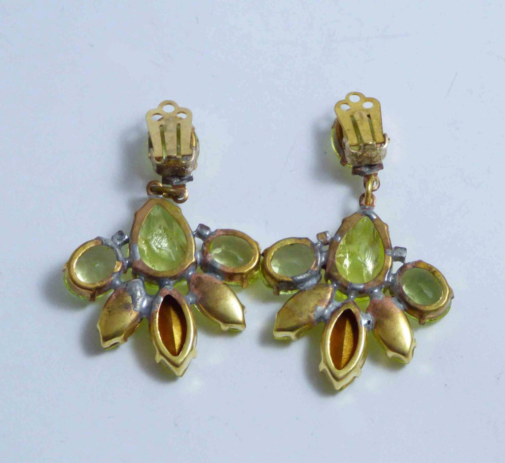 Vaseline Uranium Czech Glass Flower Dangle Clip Earrings - Vintage Lane Jewelry