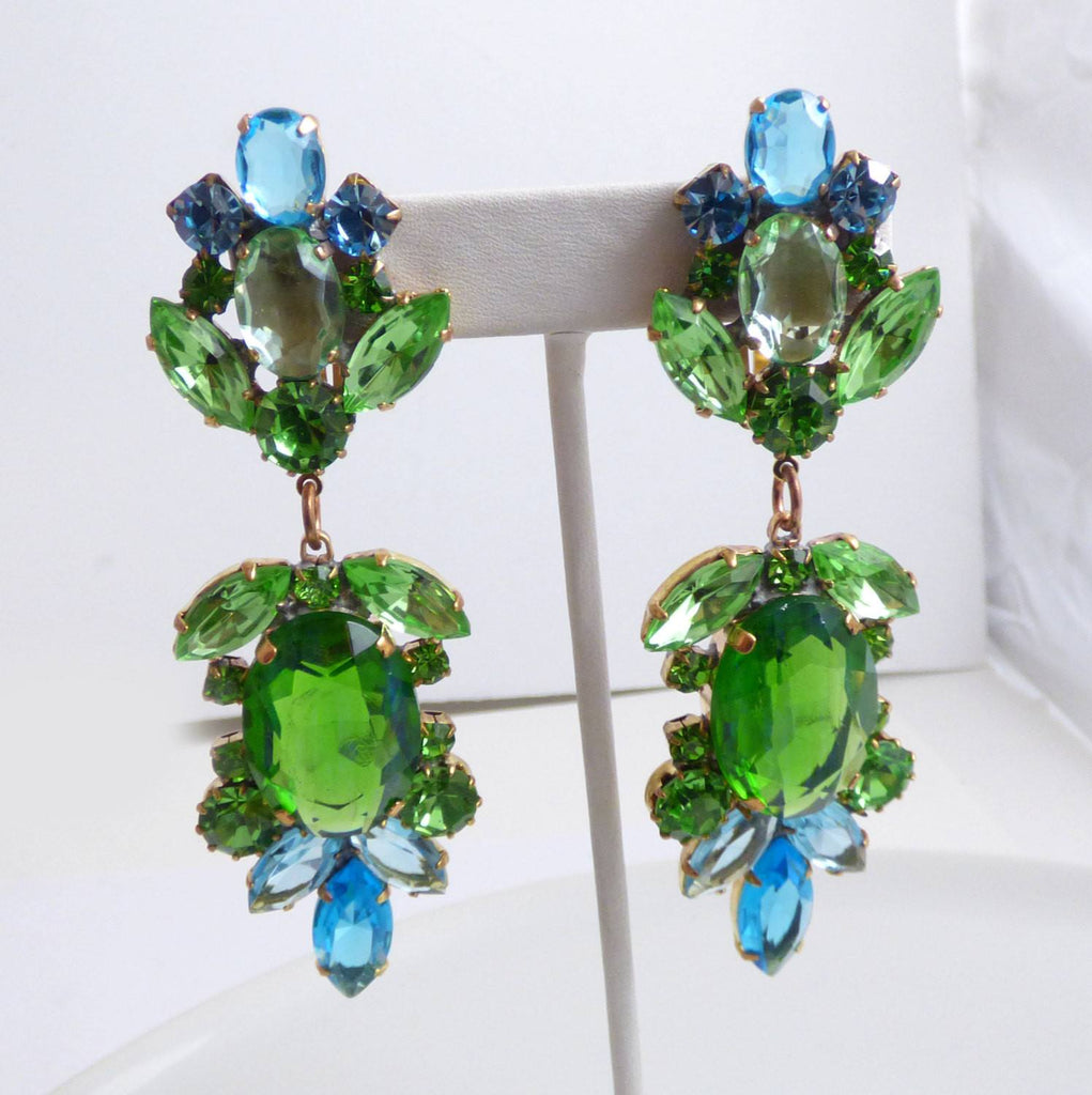 Large Czech Glass Dangling Clip Earrings Aqua Blue and Soft Green - Vintage Lane Jewelry