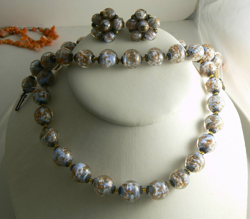 Murano Glass Robins Egg Blue with Gold Flecks Parure, Clip Earrings, Necklace, Bracelet Set - Vintage Lane Jewelry