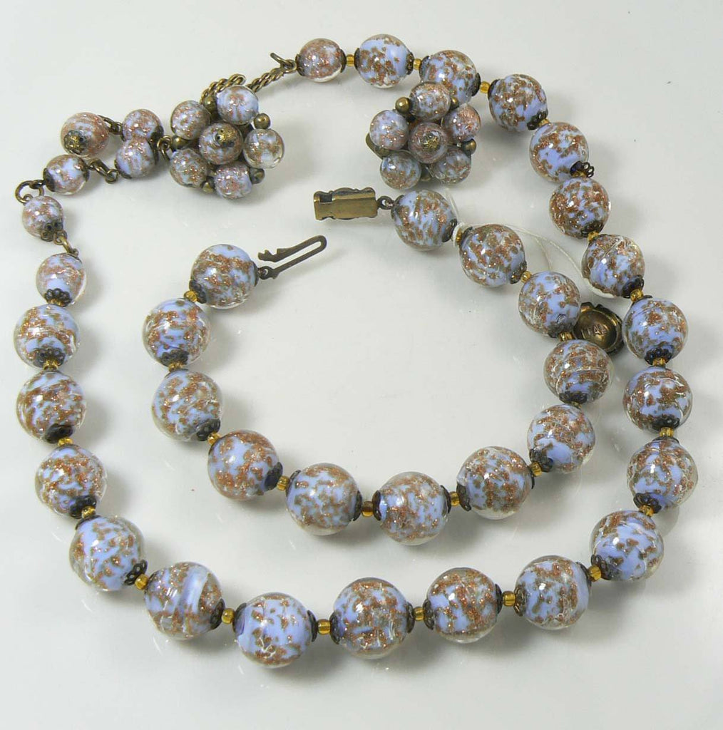 Murano Glass Robins Egg Blue with Gold Flecks Parure, Clip Earrings, Necklace, Bracelet Set - Vintage Lane Jewelry