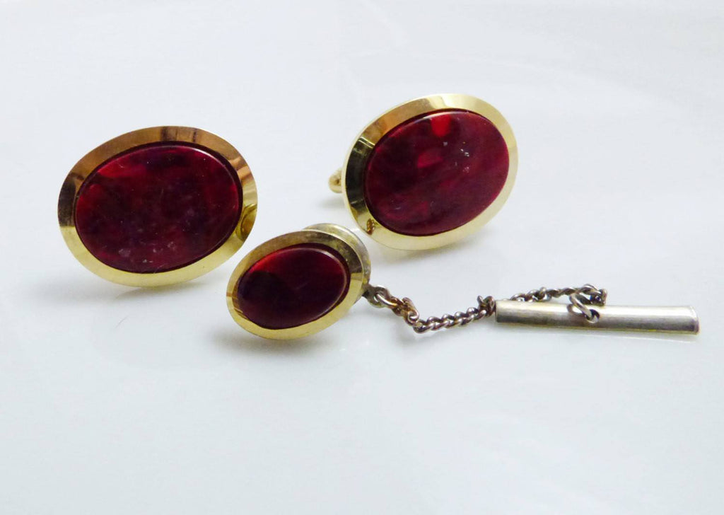 Vintage Anson gold tone Red Marbleized Stone Cufflinks and Tie Tack Set - Vintage Lane Jewelry