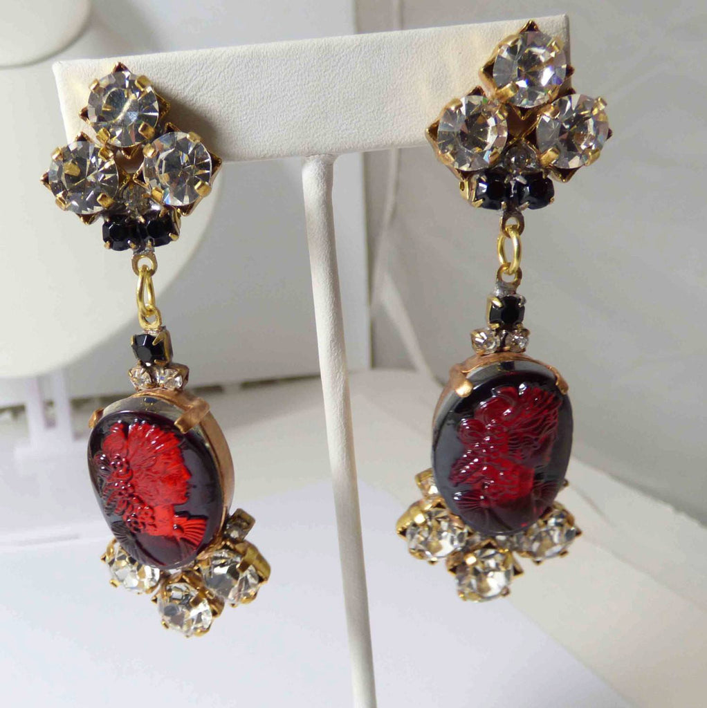 Czech Red Glass Cameo and Clear Rhinestone Dangling Clip Earrings ...