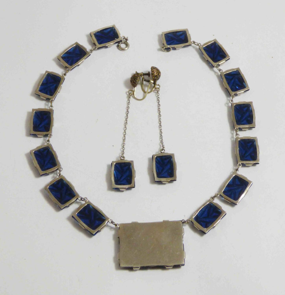 Art Deco Blue Glass Necklace Prong Set Molded Glass Stones and Matching Earrings - Vintage Lane Jewelry