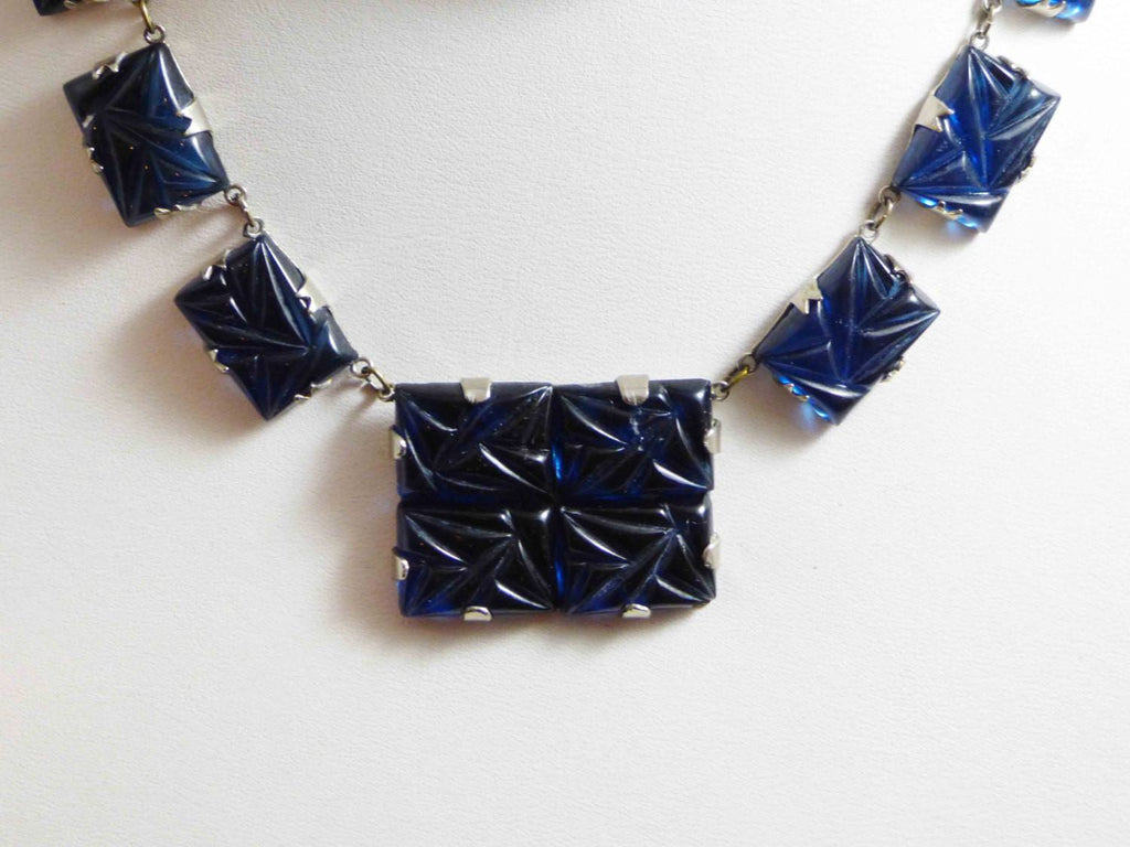 Art Deco Blue Glass Necklace Prong Set Molded Glass Stones and Matching Earrings - Vintage Lane Jewelry