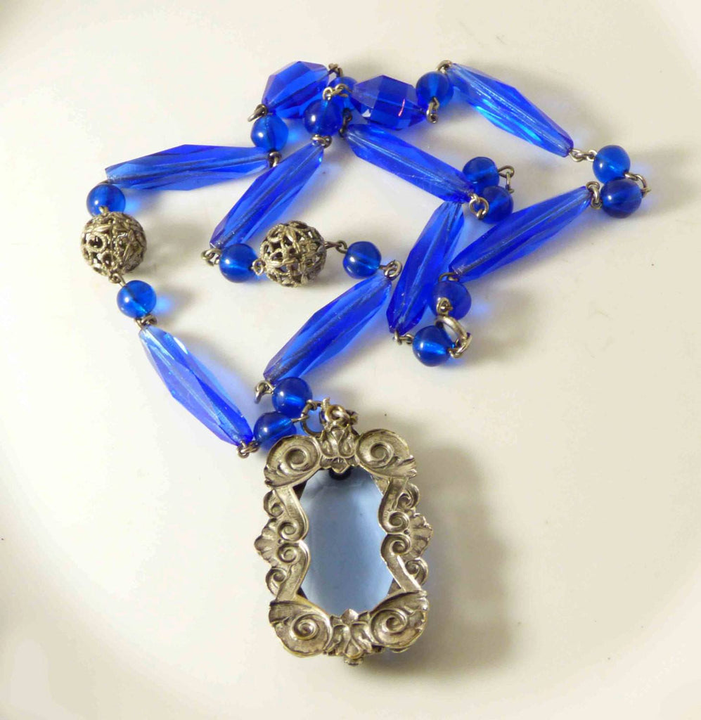 Art Deco Czech Large Sapphire Blue Glass Filigree Art Glass Necklace - Vintage Lane Jewelry