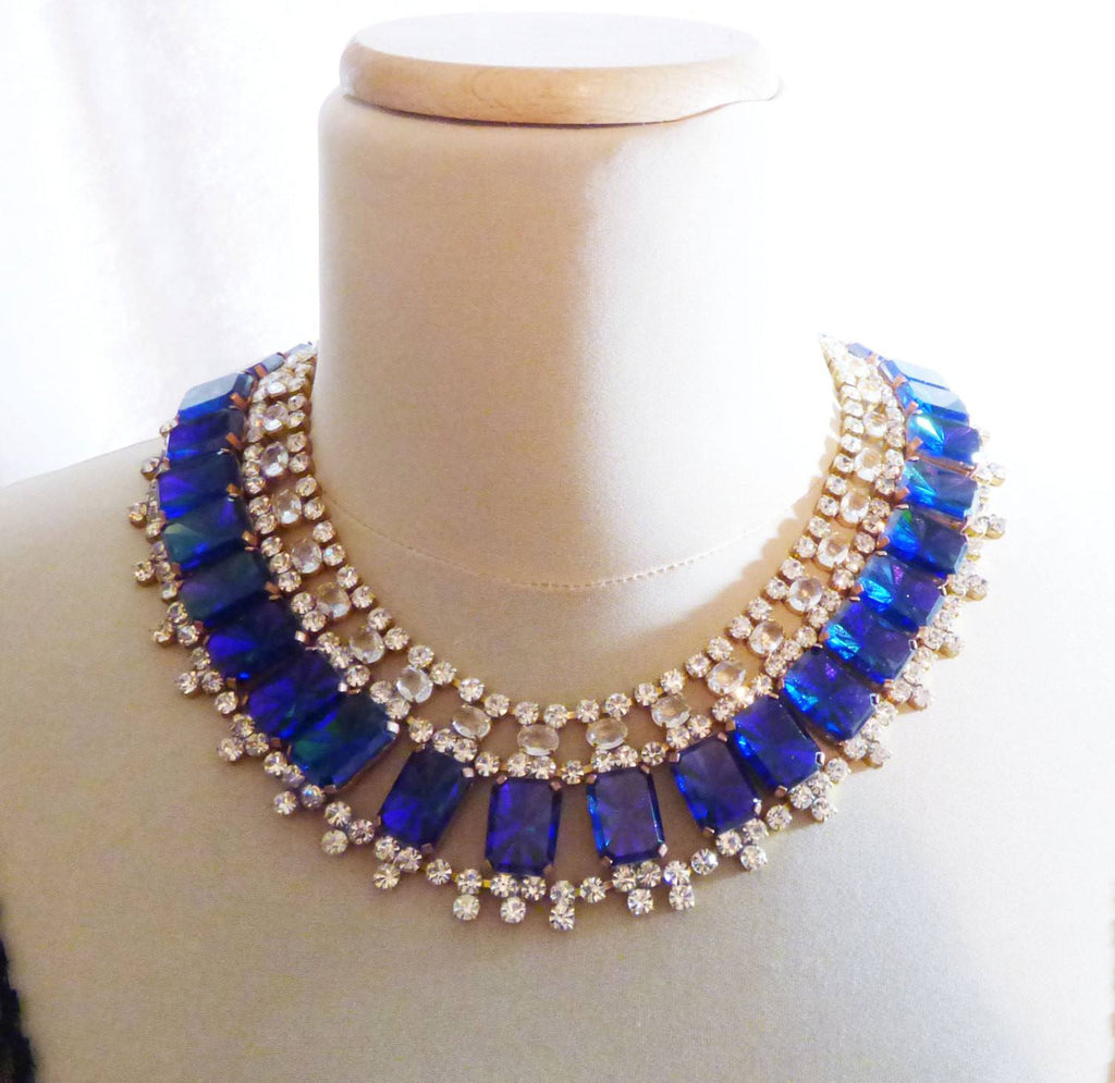 Czech Glass Cobalt Blue Rhinestone Bib Necklace, Husar D. - Vintage Lane Jewelry