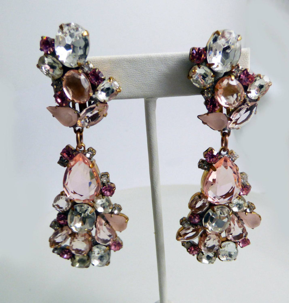 Pretty Czech glass blush pink rhinestone dangling clip earrings - Vintage Lane Jewelry