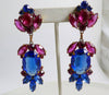 Large Czech Glass Dangling Clip Earrings Cobalt Blue and Hot Pink - Vintage Lane Jewelry