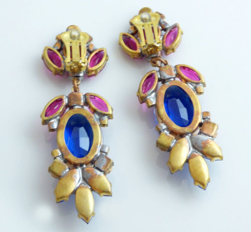 Large Czech Glass Dangling Clip Earrings Cobalt Blue and Hot Pink - Vintage Lane Jewelry