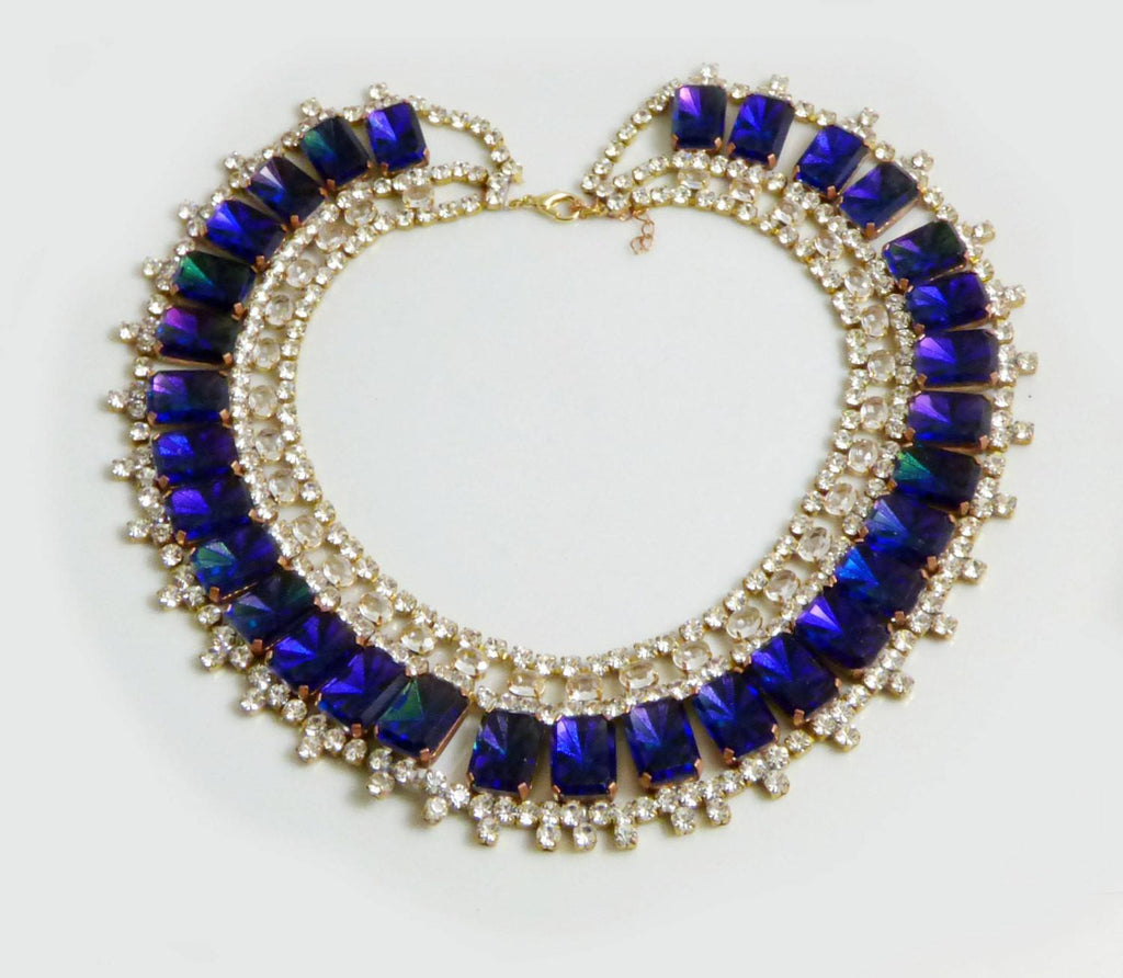 Czech Glass Cobalt Blue Rhinestone Bib Necklace, Husar D. - Vintage Lane Jewelry