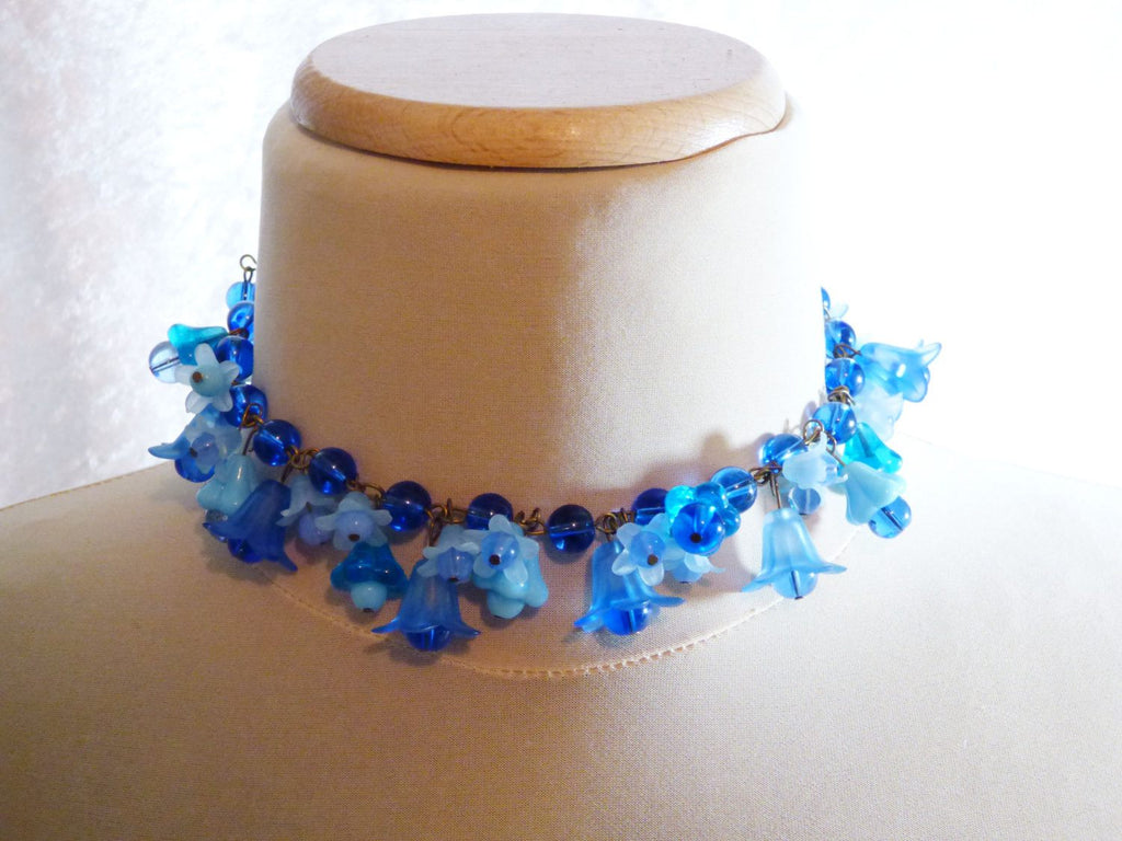 Blue Glass Beaded Glass and Lucite Flower Necklace, unique vintage - Vintage Lane Jewelry