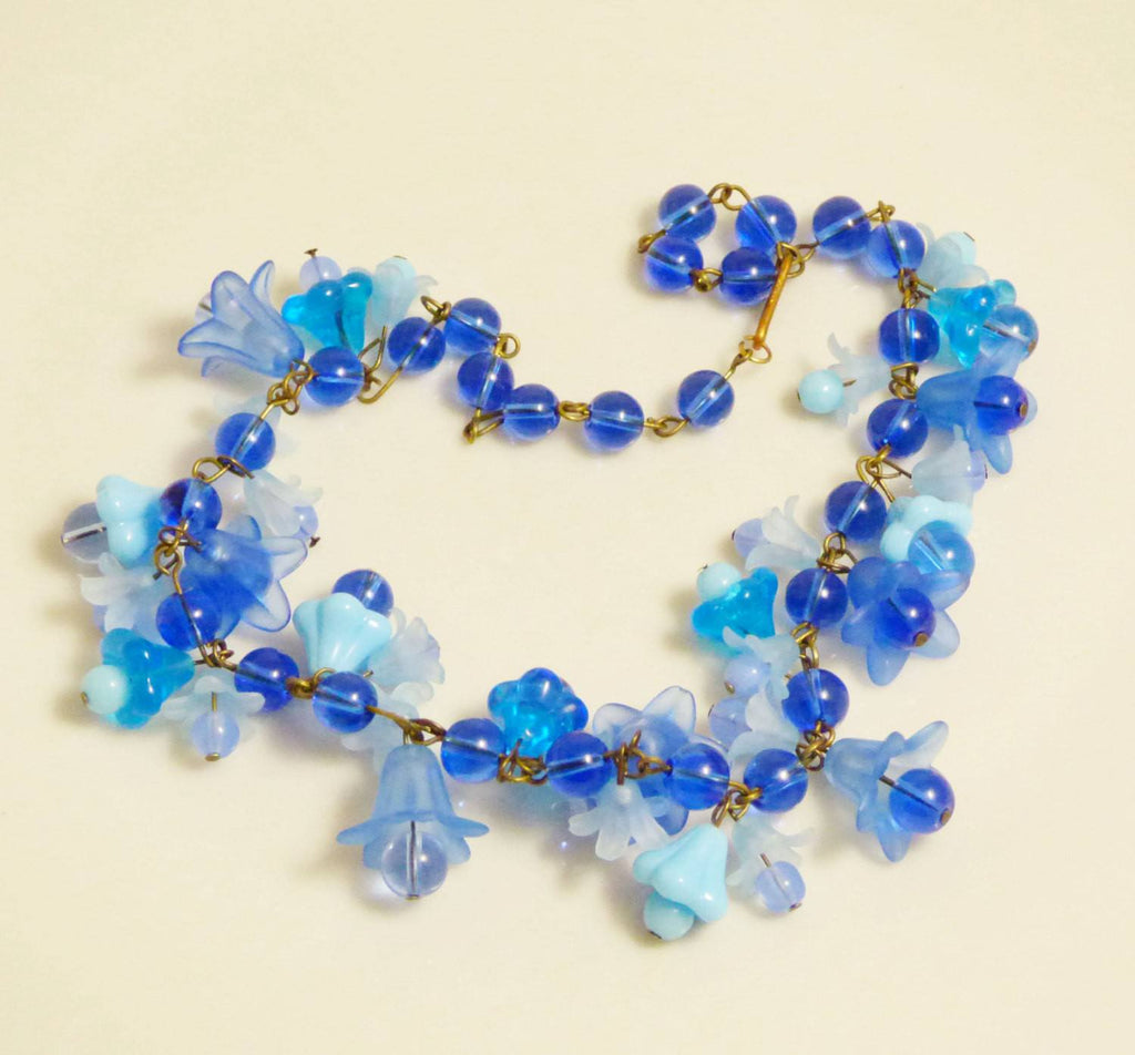 Blue Glass Beaded Glass and Lucite Flower Necklace, unique vintage - Vintage Lane Jewelry