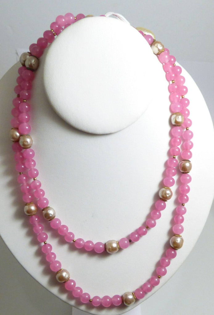 Miriam Haskell Single Strand Pink Glass Beads and Signature Baroque Pearl Necklace - Vintage Lane Jewelry
