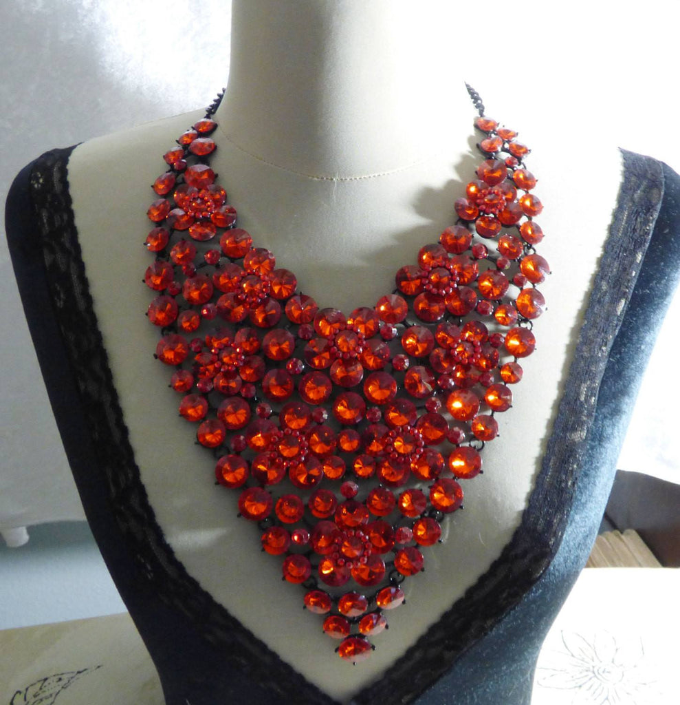 Rhinestone Statement Massive Necklace Bright Red, Gun Metal - Vintage Lane Jewelry