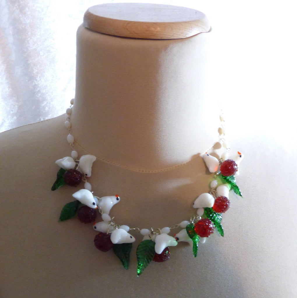 Vintage Murano White Glass Birds, Leaves and Blossoms Necklace - Vintage Lane Jewelry