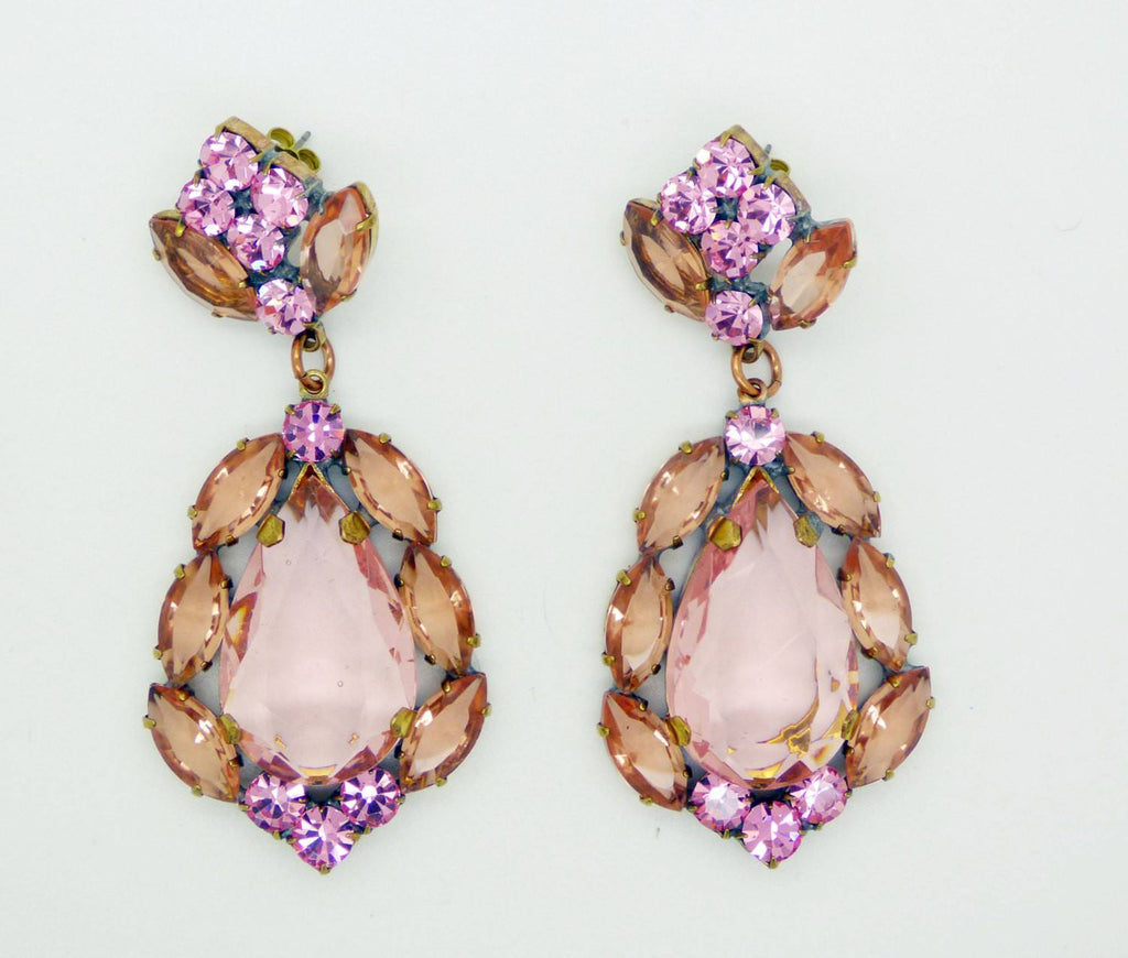 Pink Czech Glass Huge Dangling Pierced Earrings - Vintage Lane Jewelry
