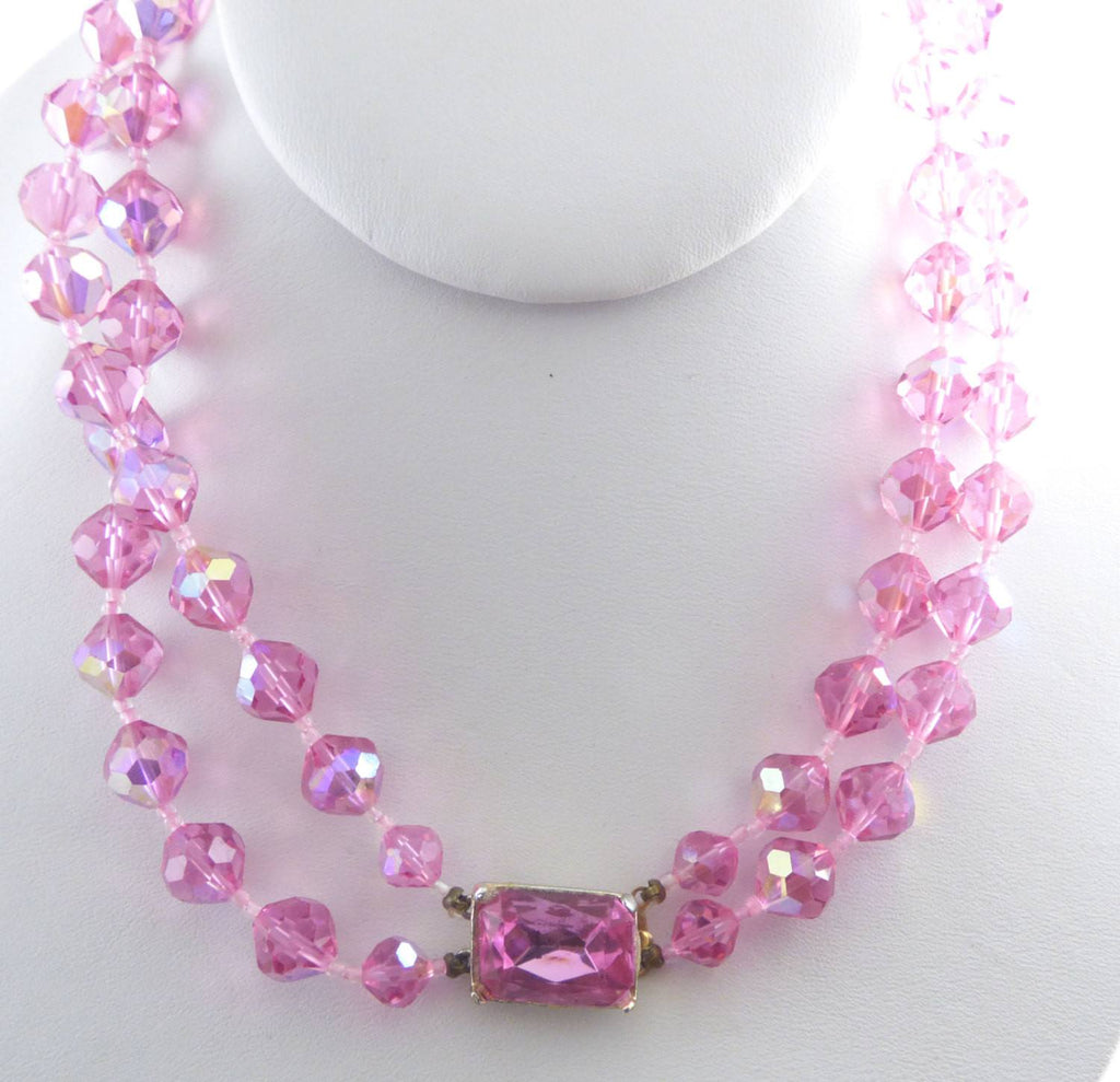 Pink Faceted Glass 2 Strand Beaded Necklace with Crystal Clasp, AB Beads - Vintage Lane Jewelry