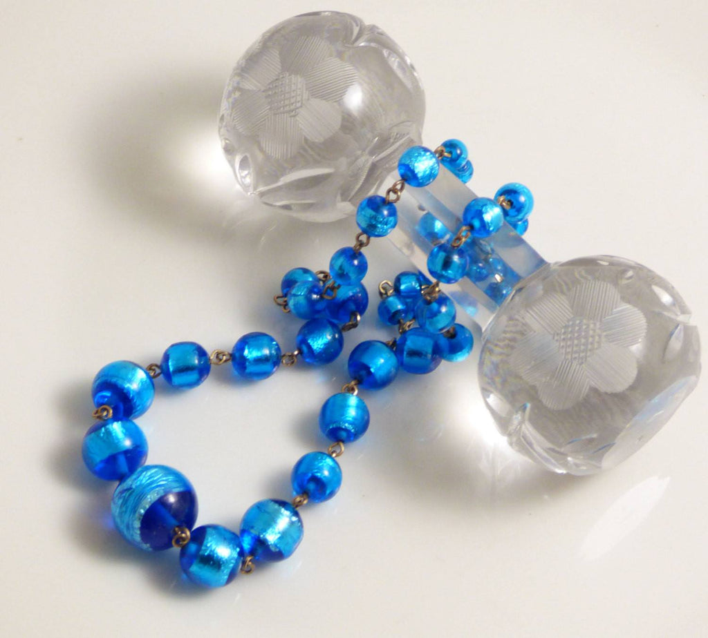 Peacock Blue Foil Art Glass Graduated Bead Necklace - Vintage Lane Jewelry