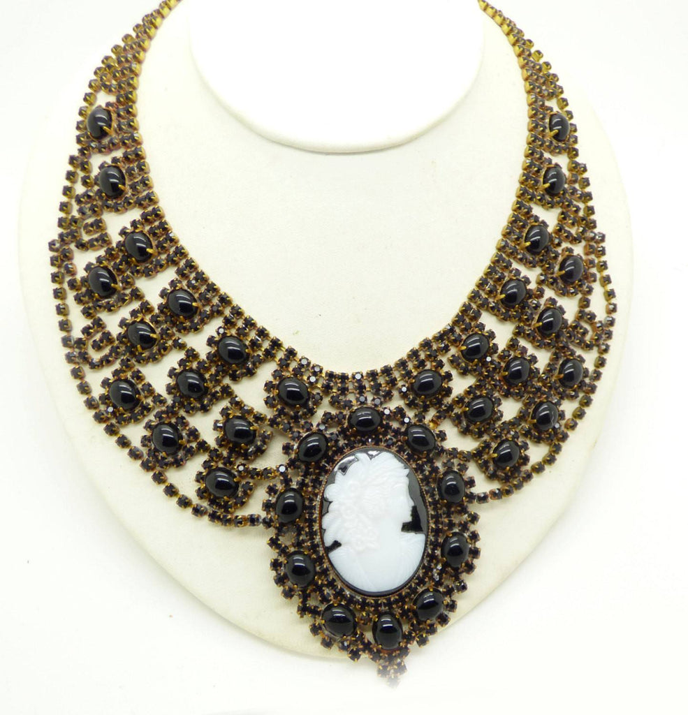 Husar D Czech Glass Cameo Black Cabochon Necklace - Vintage Lane Jewelry