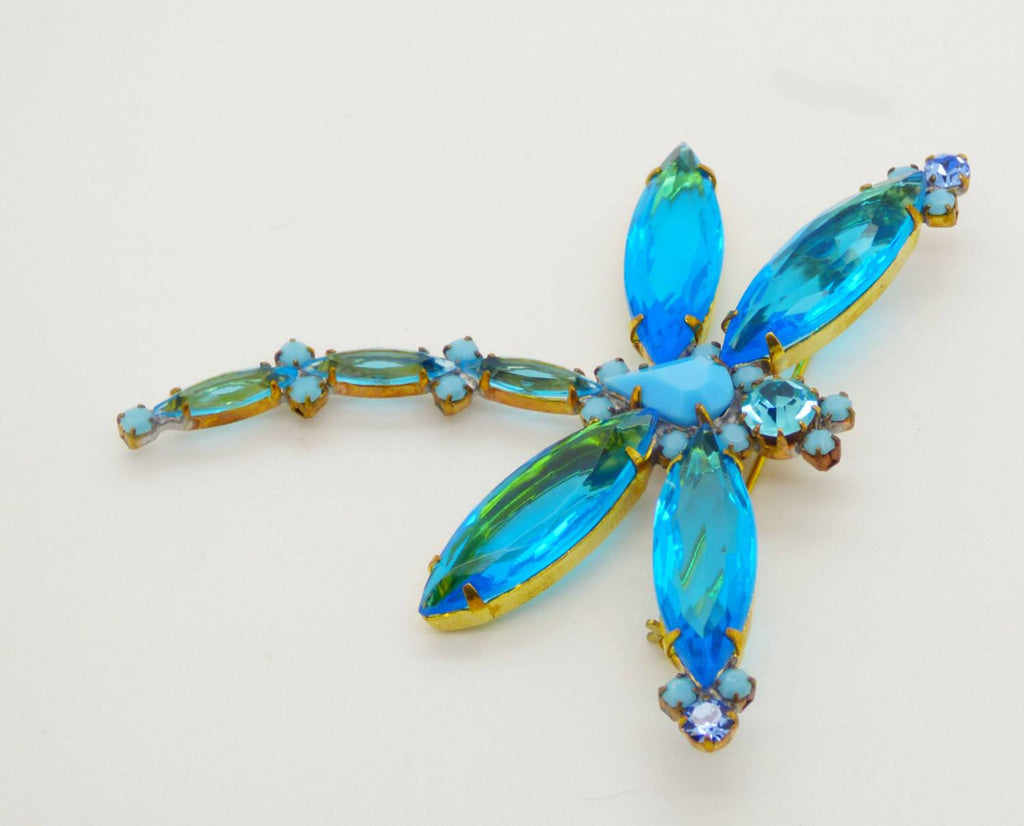 Czech Aqua Blue Rhinestone Dragonfly Pin - Vintage Lane Jewelry