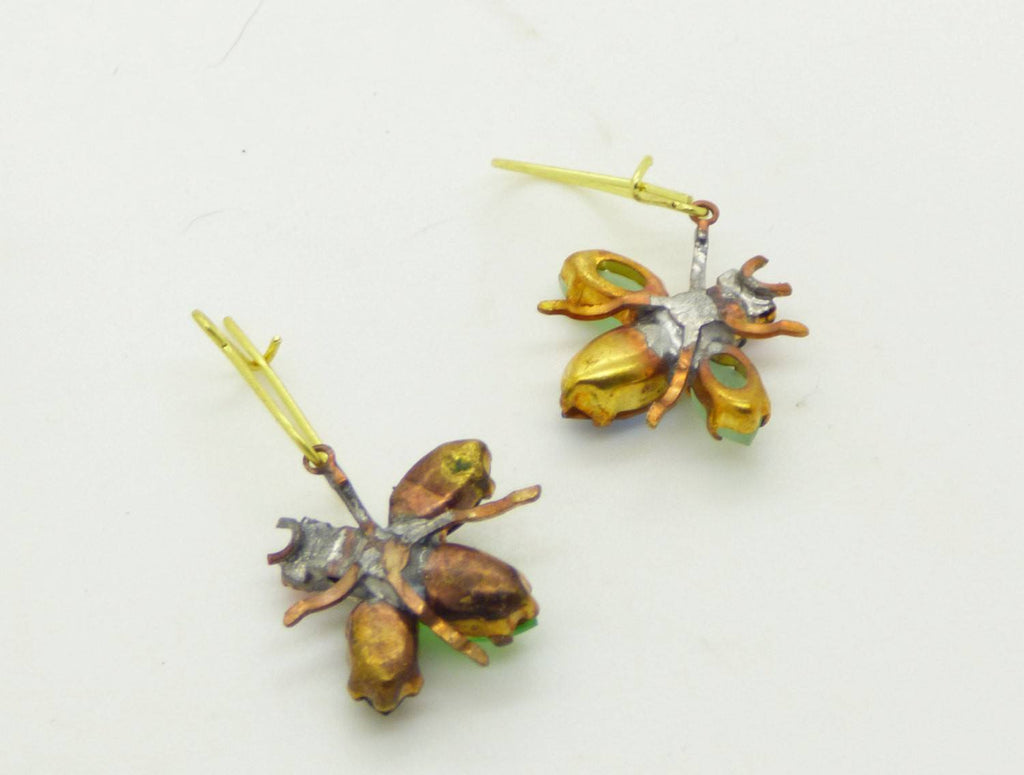 Czech Glass Rhinestone Fly Earrings, Green and Pale Yellow - Vintage Lane Jewelry