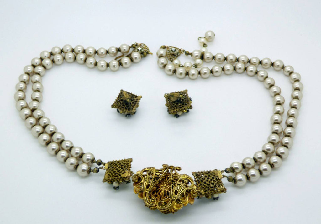Original By Robert Glass Pearl, Crystal Montees Brushed Gold Necklace and Earrings - Vintage Lane Jewelry