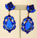 Royal Blue Czech Glass Huge Dangling Clip Earrings - Vintage Lane Jewelry