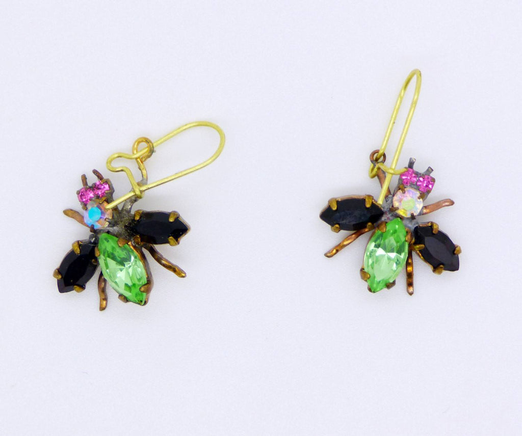 Czech Glass Rhinestone Fly Earrings, Green and Black - Vintage Lane Jewelry