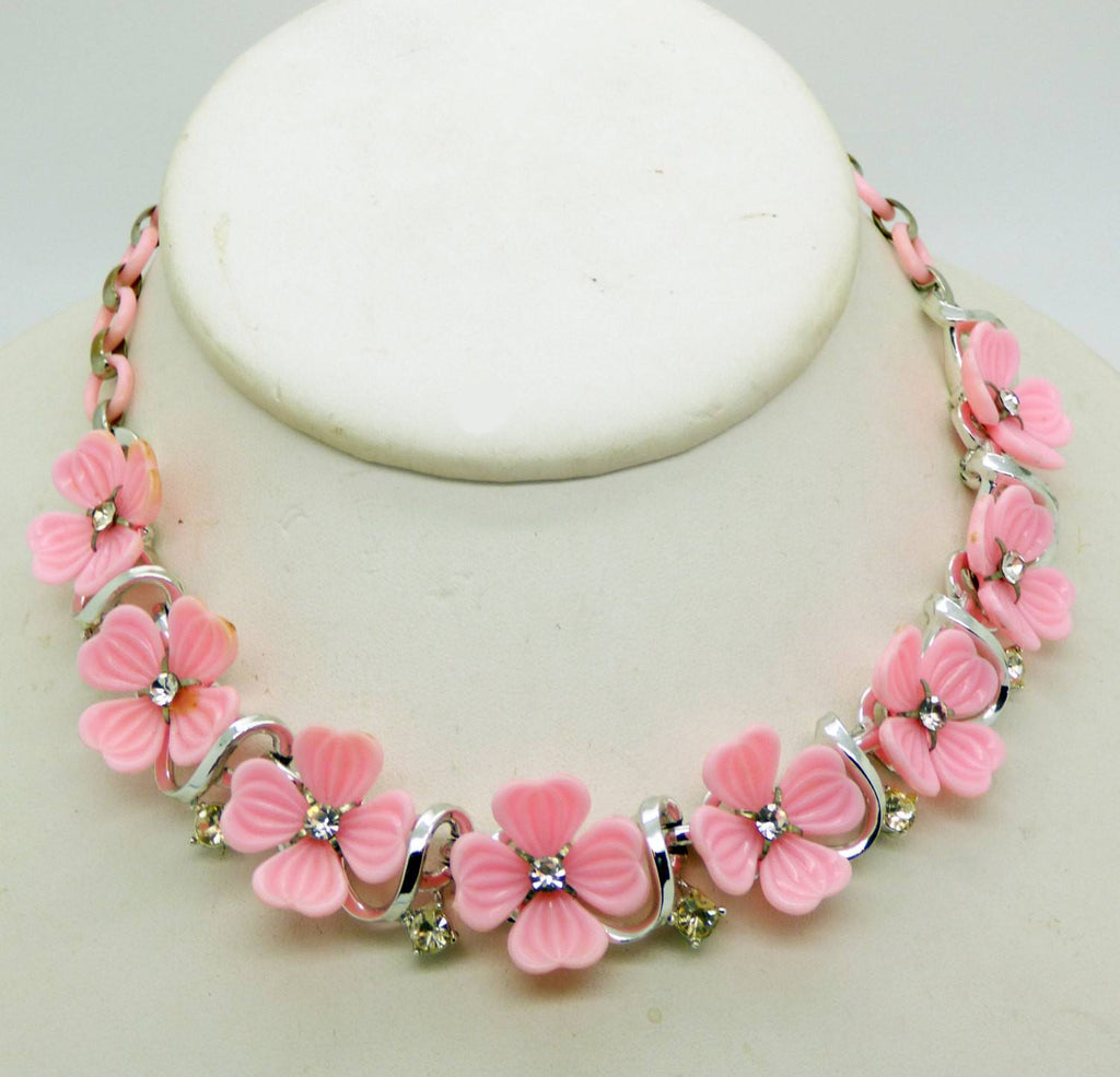 Vintage Lisner Pink Molded Flowers and Rhinestone Parure, Necklace, Bracelet, Clip Earring - Vintage Lane Jewelry